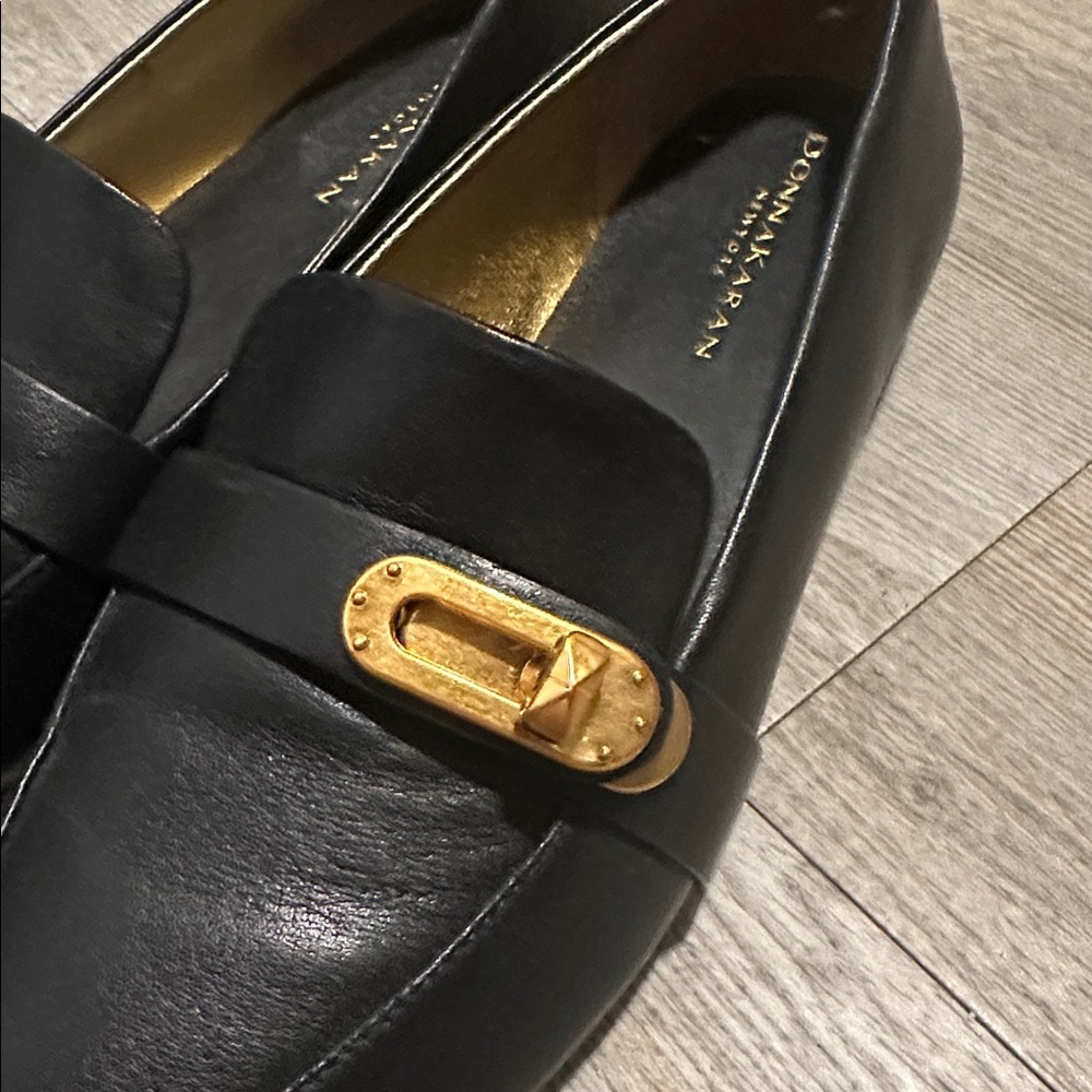NWOB Donna Karan Black Leather Penny Loafers with Gold Accent - Picture 3 of 6